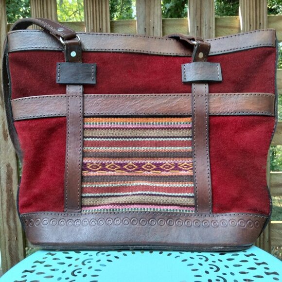 RichRed Suede Encased In Deep Brown Sturdy Tooled CowHide Colorful Woven Patches - Picture 3 of 11